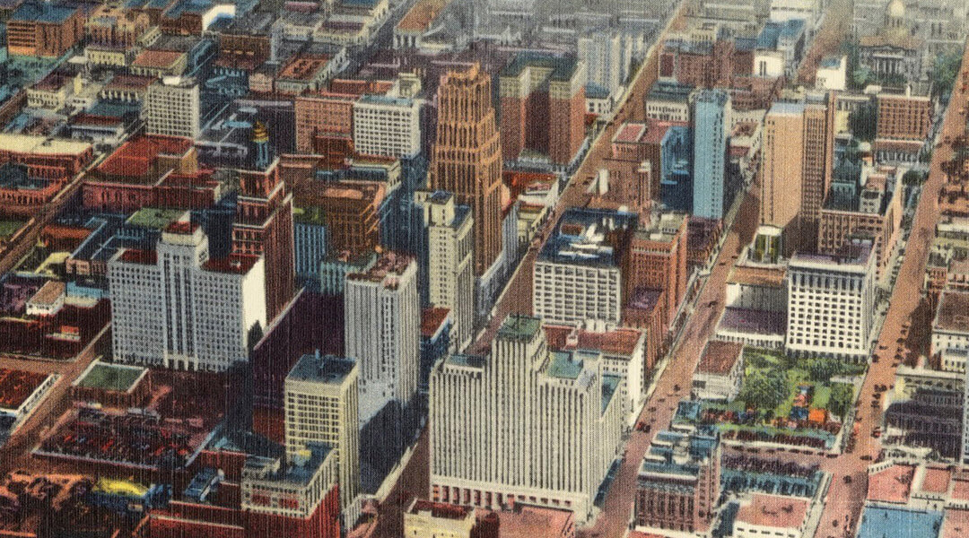 Aerial depiction of growing city.
